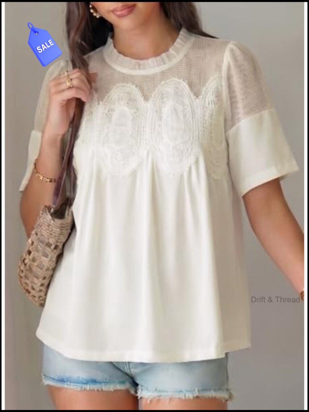 Lace Blouse Elegant Flared Swing Top Crew Neck Short Sleeve Embroidered Mesh - Picture 4 of 7